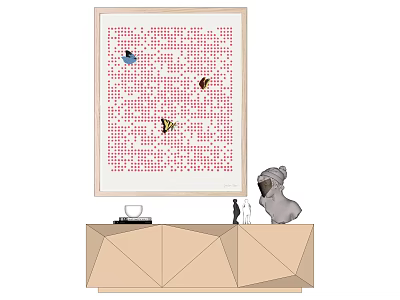 Animal Painting With Butterflies And Bees On Red Dot Background Wooden Frame Above Geometric Cabinet 3d model