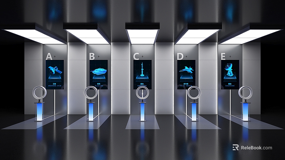Modern Exhibition Hall with Digital Screens Labeled Booths A to E Multiple Illuminated Display Stands 3d model 