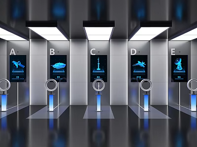 Modern Exhibition Hall with Digital Screens Labeled Booths A to E Multiple Illuminated Display Stands 3d model