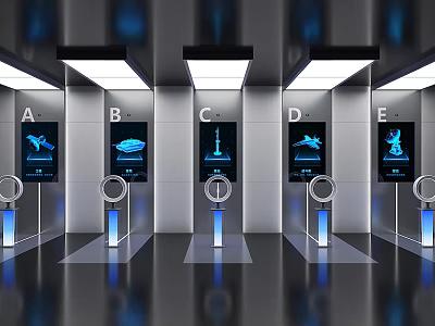 Modern Exhibition Hall with Digital Screens Labeled Booths A to E Multiple Illuminated Display Stands 3d model