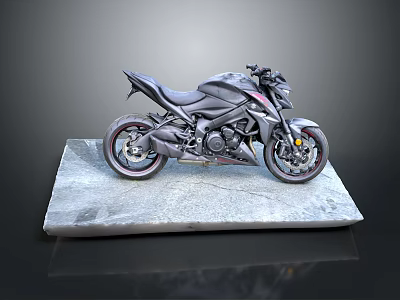 Black Sporty Motorcycle Showcased on Gray Stone Platform with Dark Background 3d model
