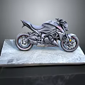 Black Sporty Motorcycle Showcased on Gray Stone Platform with Dark Background