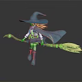 Fantasy Game Movie Witch Character with Blonde Hair Blue Hat and Cloak Riding Broomstick