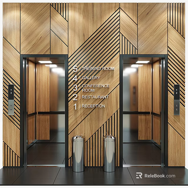 Modern Elevators With Wooden Geometric Wall And Floor Indicators For Fitness Gallery Conference Restaurant Reception 3d model 