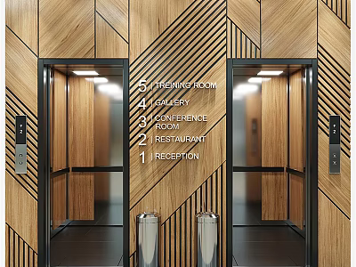 Modern Elevators With Wooden Geometric Wall And Floor Indicators For Fitness Gallery Conference Restaurant Reception 3d model
