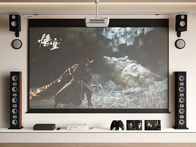 Projection Monitoring Setup in Home Theater with Large Screen Speakers and Game Controller 3d model