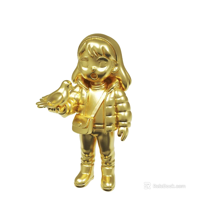 Golden Girl Statue With Bird In Hand Wearing Jacket And Crossbody Bag 3d model 