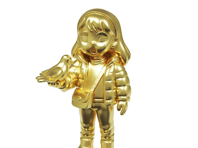 Golden Girl Statue With Bird In Hand Wearing Jacket And Crossbody Bag 3d model