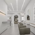 Modern Hair Salon Interior With Stylish Hairdressing Chairs Mirrors Ceiling Lights And Product Shelves