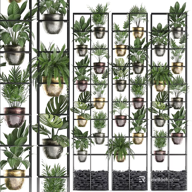 Stylish Indoor Plant Combinations With Green Foliage In Metal Planters On Grid Shelves 3d model 