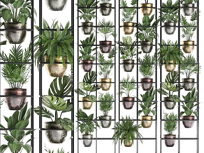 Stylish Indoor Plant Combinations With Green Foliage In Metal Planters On Grid Shelves 3d model