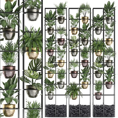 Stylish Indoor Plant Combinations With Green Foliage In Metal Planters On Grid Shelves 3d model