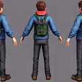 3D Game and Movie Character Wearing Blue Hoodie Black Pants Brown Shoes from Three Angles