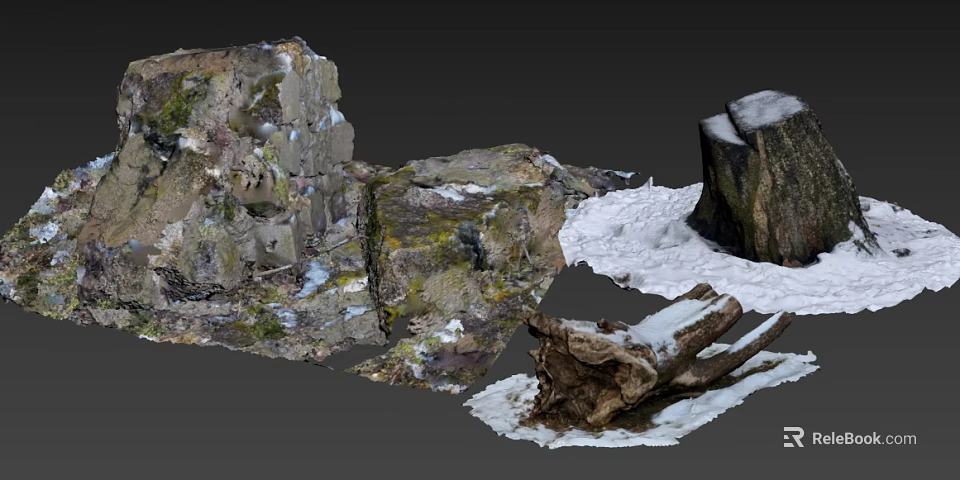 Mossy Stone and Weathered Wood Logs in Snow Covered Natural Outdoor Scene 3d model 