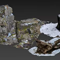 Mossy Stone and Weathered Wood Logs in Snow Covered Natural Outdoor Scene