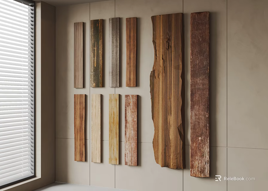 Natural Interior Wall Design With Stone Base And Various Textured Wooden Planks 3d model 