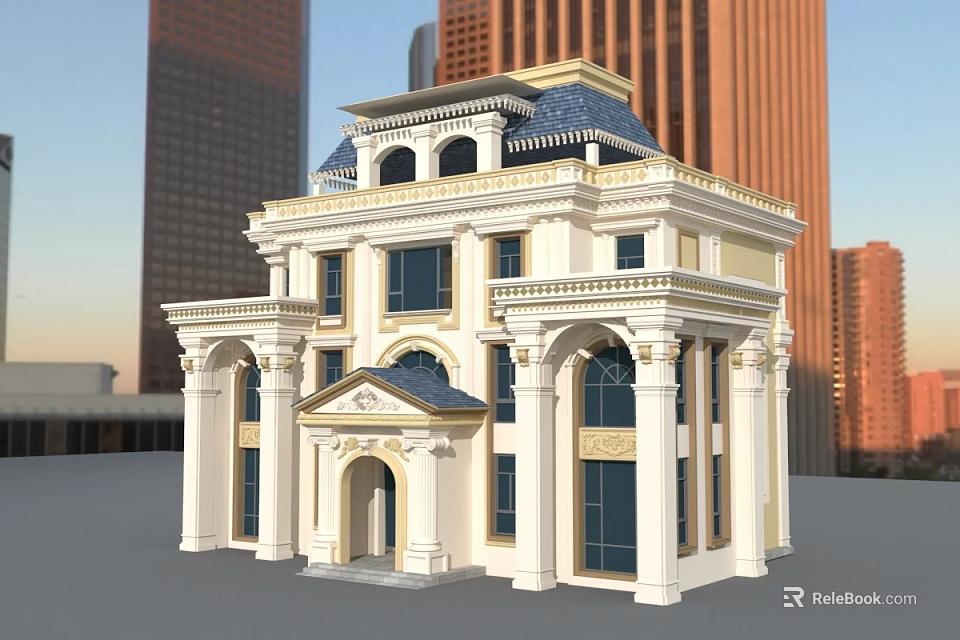Elegant European Style Detached Villa with White Exterior Blue Roof Classic Columns in Urban Background 3d model 