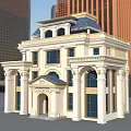 Elegant European Style Detached Villa with White Exterior Blue Roof Classic Columns in Urban Background