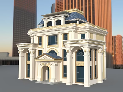 Elegant European Style Detached Villa with White Exterior Blue Roof Classic Columns in Urban Background 3d model