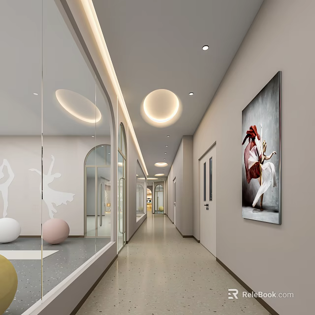 School Corridor Design With Glass Walls Round Ceiling Lights Arched Doors And Artwork 3d model 