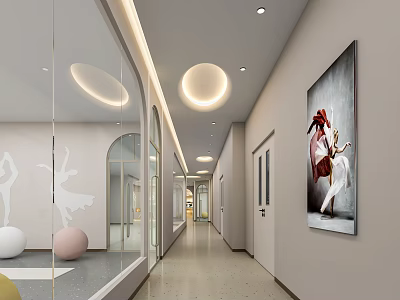 School Corridor Design With Glass Walls Round Ceiling Lights Arched Doors And Artwork 3d model