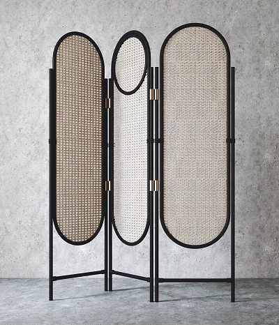 Modern Woven Rattan Room Divider With Black Metal Geometric Panels For Elegant Home Interior 3d model