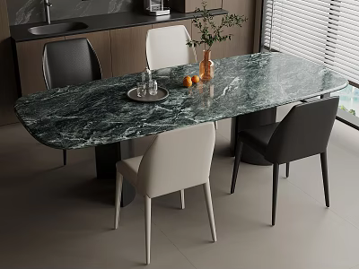 Modern Rectangular Dining Table Set with Green Marble Top Black White Chairs and Table Decor 3d model