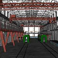 Industrial Factory Interior Featuring Red Cranes Green Train Carriages Metal Tracks And High Ceilings