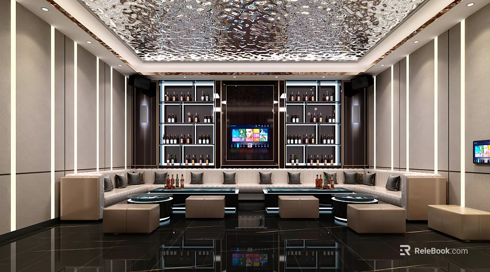 Luxurious KTV Lounge With Silver Shiny Ceiling Wine Racks TV Screen And Beige Sofas 3d model 