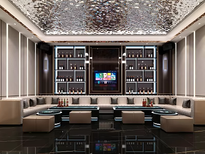 Luxurious KTV Lounge With Silver Shiny Ceiling Wine Racks TV Screen And Beige Sofas 3d model