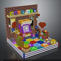 Playful Arcade Machine Setup With Brick Wall PLAYWIN Sign Prize Display Colorful Blocks And Heart Decorations