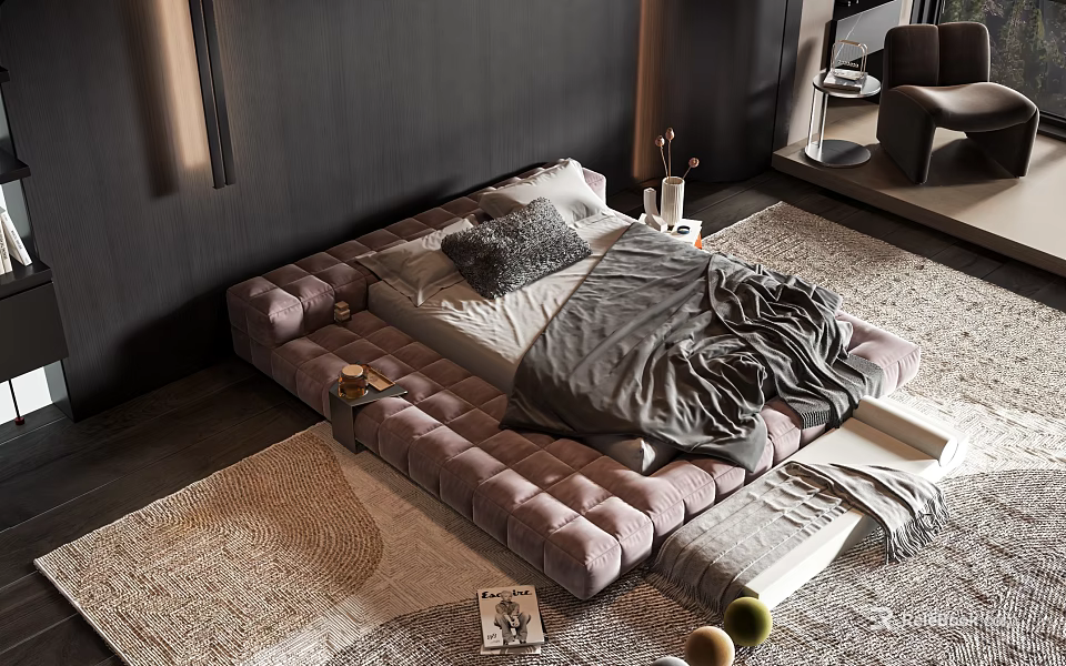 Modern Pink Upholstered Double Bed With Gray Pillow Blanket White Sheets And Decorative Rug 3d model 