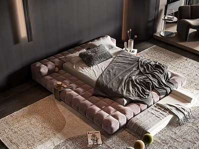 Modern Pink Upholstered Double Bed With Gray Pillow Blanket White Sheets And Decorative Rug 3d model