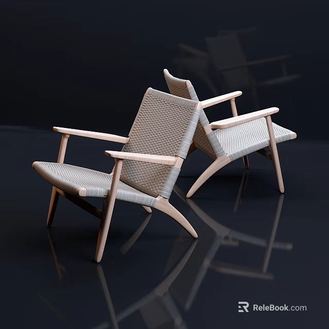 Modern Accent Chairs With Light Wooden Frames And Woven Seats On Dark Reflective Floor 3d model 