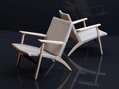 Modern Accent Chairs With Light Wooden Frames And Woven Seats On Dark Reflective Floor 3d model
