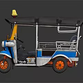 Blue Three Wheeler Motorcycle With Black Roof Yellow Light Red Wheels And Rear Railings