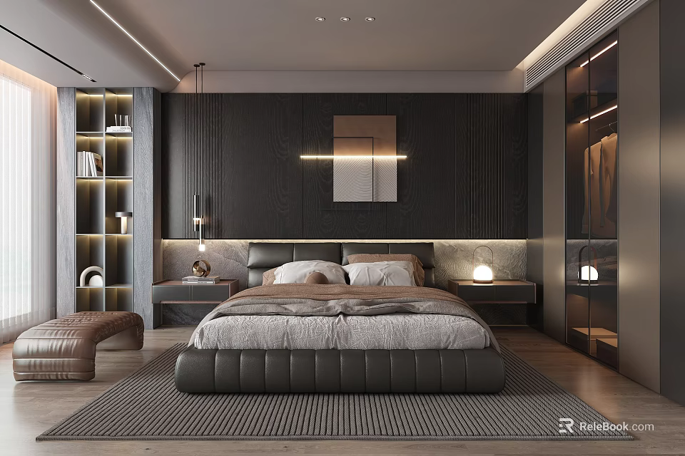 Modern Bedroom Interior Design With Leather Bed Nightstands Wall Lighting And Area Rug 3d model 