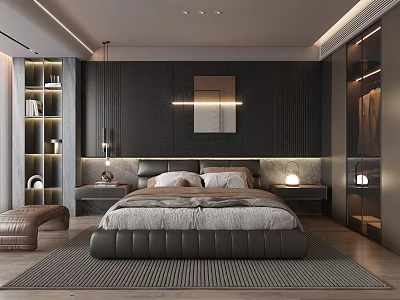 Modern Bedroom Interior Design With Leather Bed Nightstands Wall Lighting And Area Rug 3d model