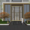 Modern Building Main Entrance Gate With Glass Doors Red Leaf Trees And Uniformed Staff