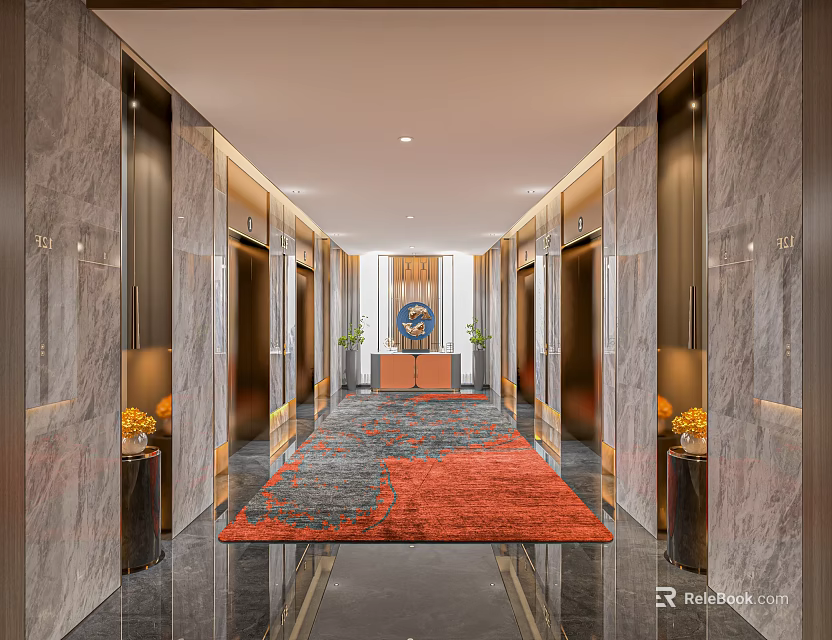 Luxurious Elevator Lobby Interior With Marble Walls Red Gray Carpet And Decorative Vases 3d model
