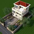 Detached Villa With Yellow Exterior Red Roof Dome And Double Garage White Columns Green Plants
