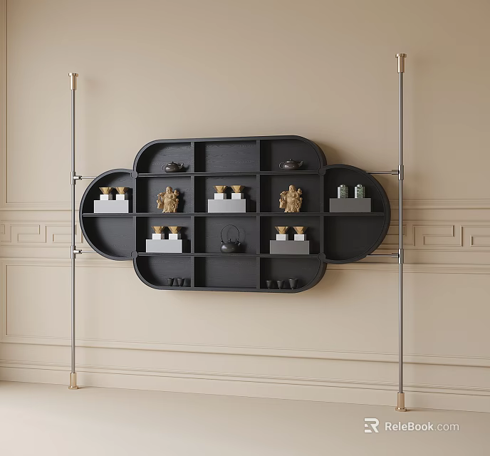 Black Cloud Shaped Wall Decorative Cabinet with Metal Frames Golden Accents Ornaments on Beige Wall 3d model 
