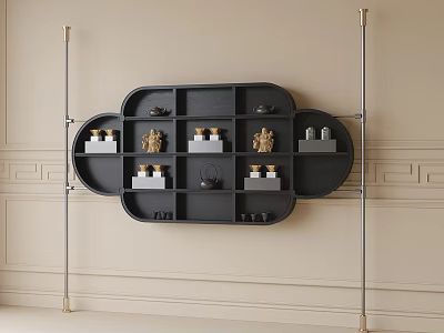 Black Cloud Shaped Wall Decorative Cabinet with Metal Frames Golden Accents Ornaments on Beige Wall 3d model