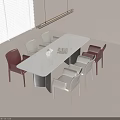 Modern Dining Table Set Featuring White Rectangular Table Grey Red Chairs White Cup and Book 3d model