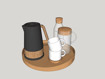 Modern Tea Set with Black Teapot White Cups and Wooden Tray 3d model