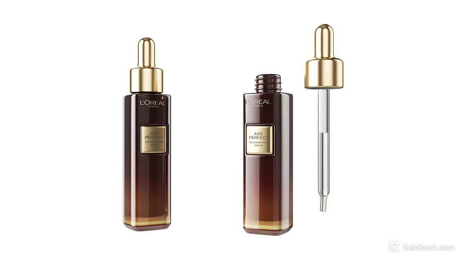 Luxury Perfume Cosmetics Serum In Brown Glass Bottles With Gold Dropper 3d model 