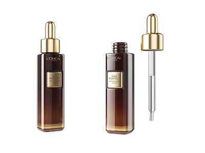 Luxury Perfume Cosmetics Serum In Brown Glass Bottles With Gold Dropper 3d model