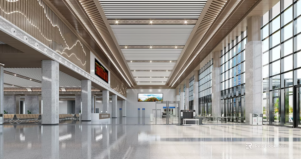 Modern Railway Station Interior With Spacious Hall Large Windows Digital Displays And High Ceiling 3d model 