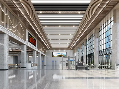 Modern Railway Station Interior With Spacious Hall Large Windows Digital Displays And High Ceiling 3d model