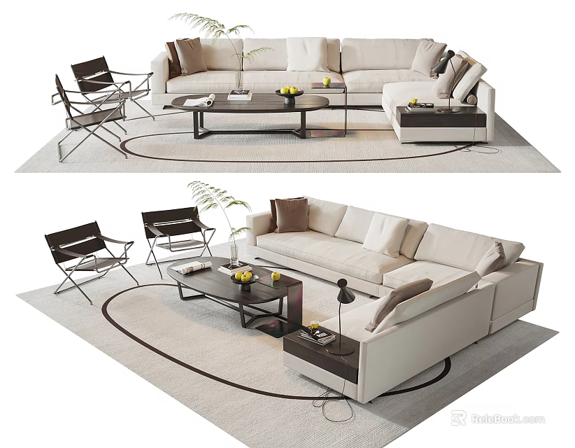 Modern Sofa Coffee Table Combination With Accent Chairs Round Rug And Decorative Plants 3d model